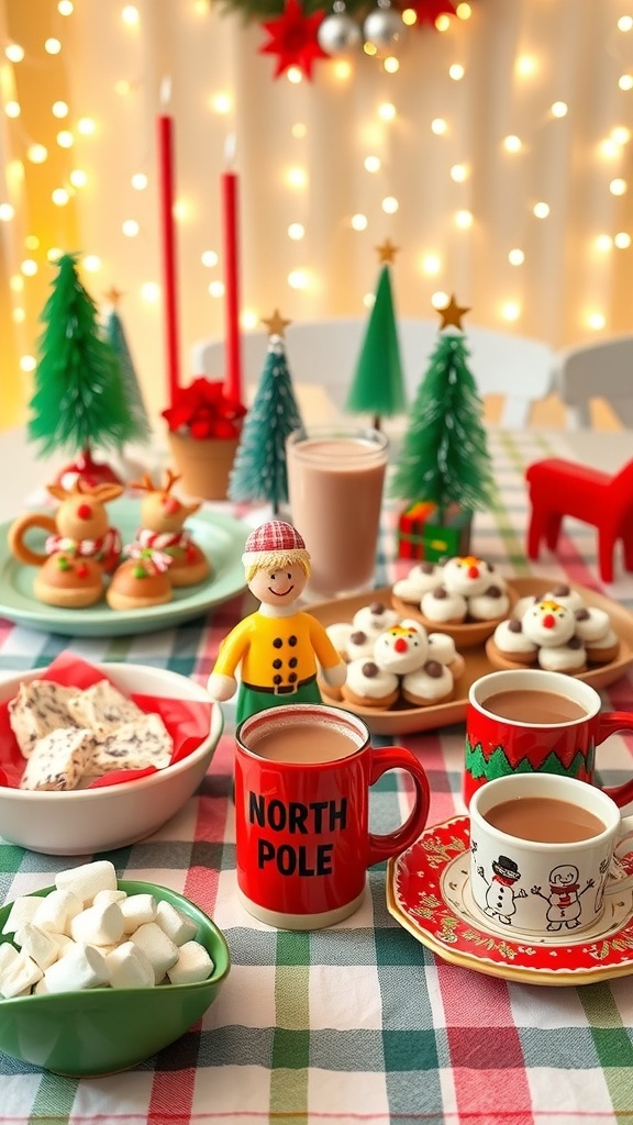 A decorated table with North Pole-themed Christmas party food including sandwiches, cheese balls, and hot chocolate.